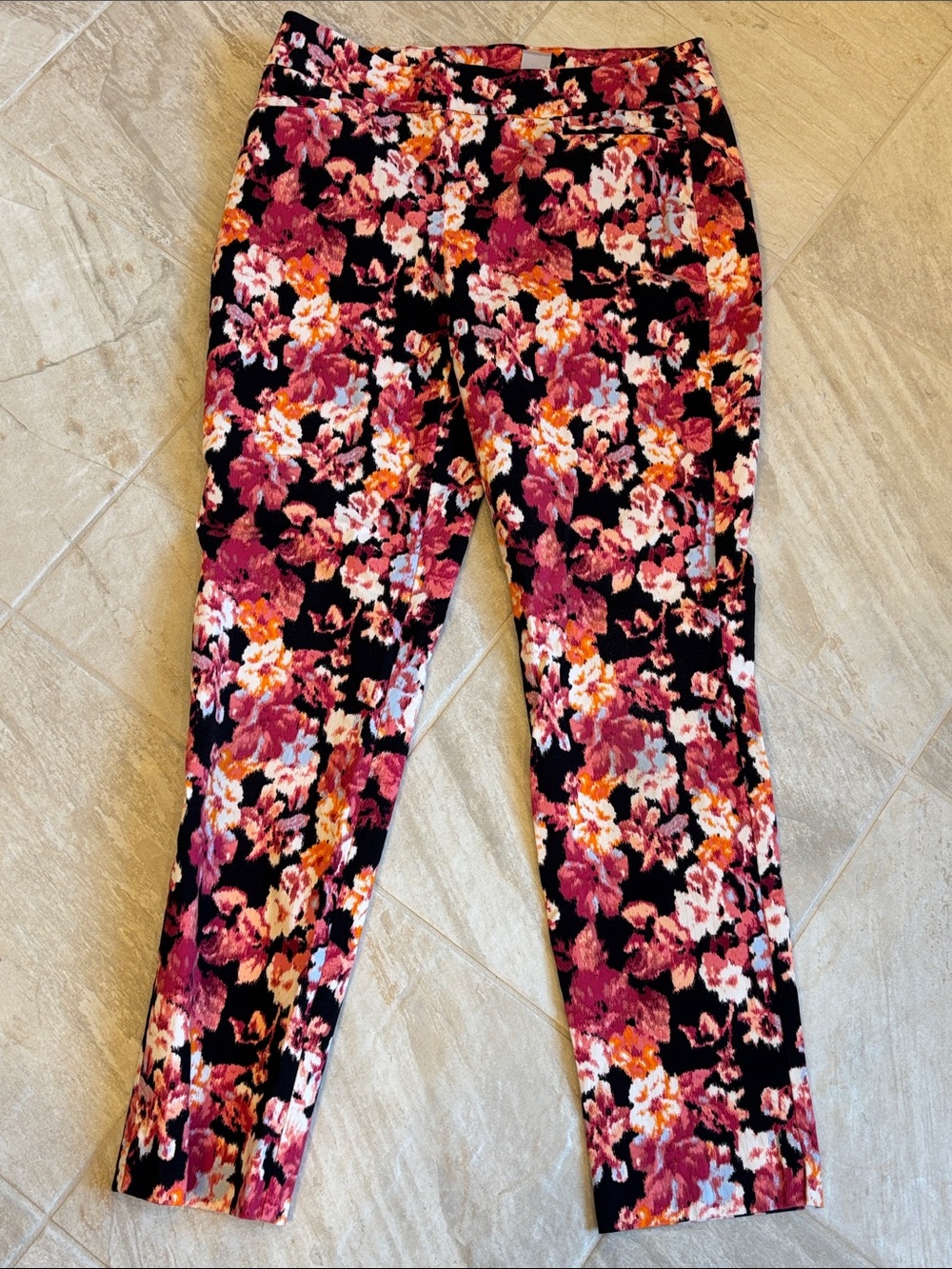 Chico's Floral Stretch Pants - Black with Pink & Orange